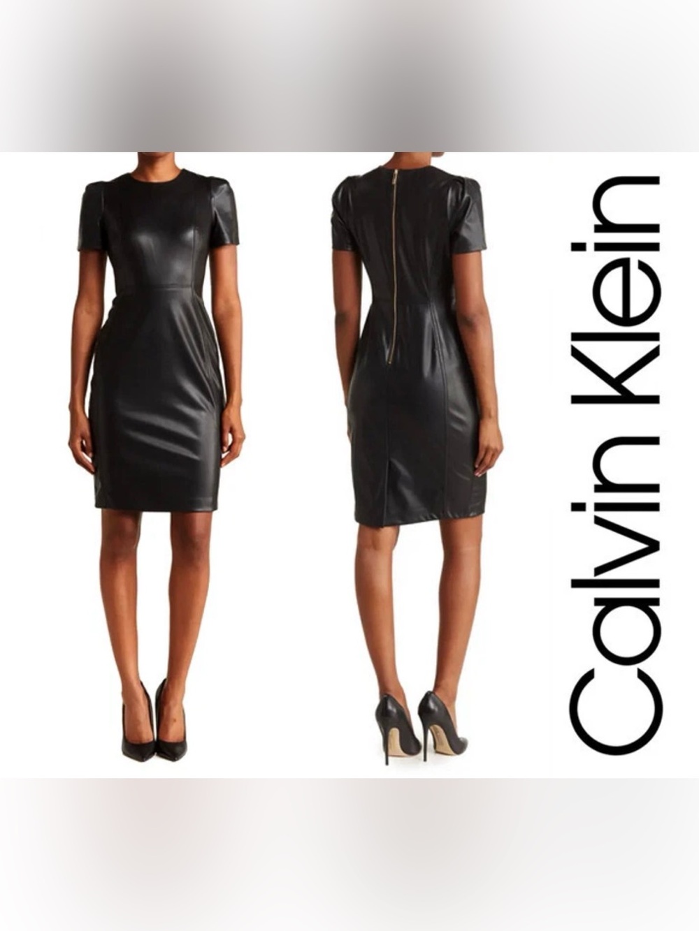 Calvin Klein Puff Short Sleeve Faux Leather Dress Rocker Cocktail Office 2P